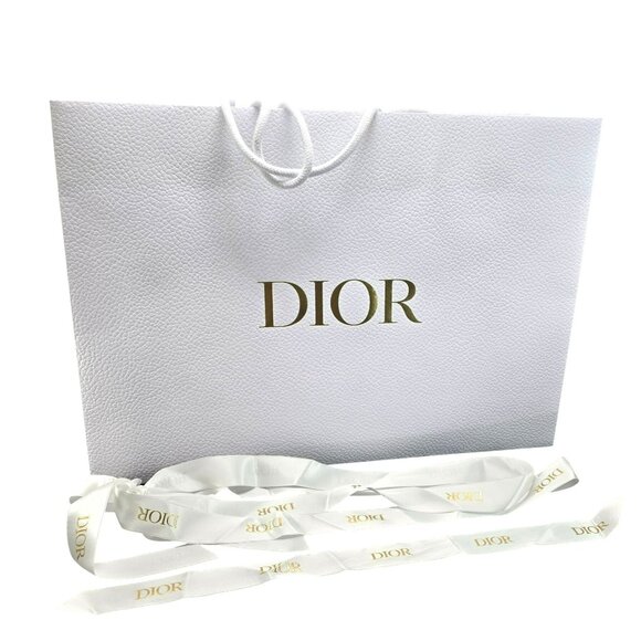 Dior White Textured Paper Shopping Bag With Gold Logo & Ribbons VR1025 - Picture 2 of 7